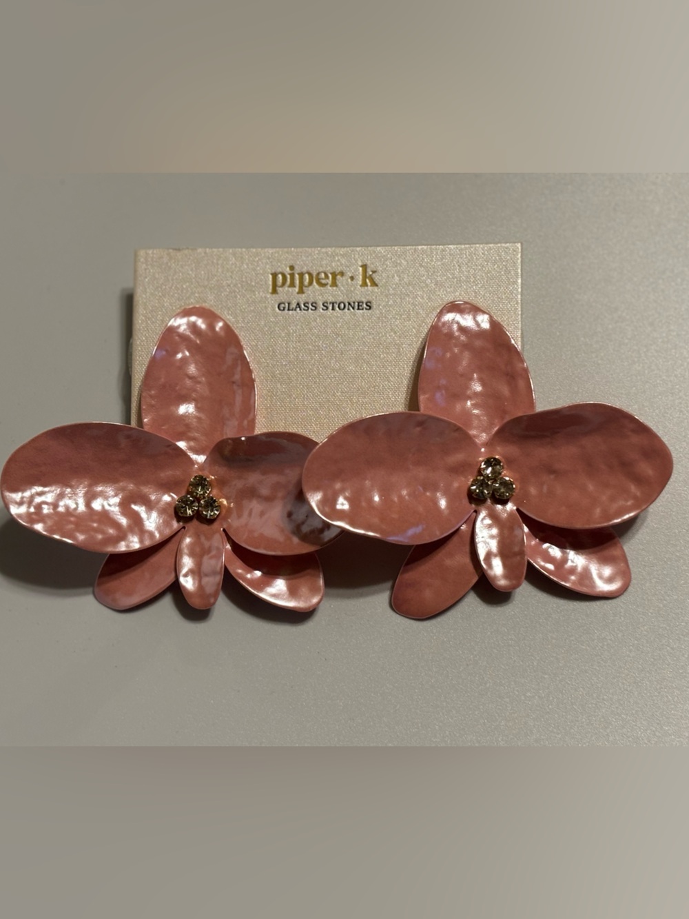 Piper K Pink Enamel Orchid Flower Earrings with Glass Stones NWT
